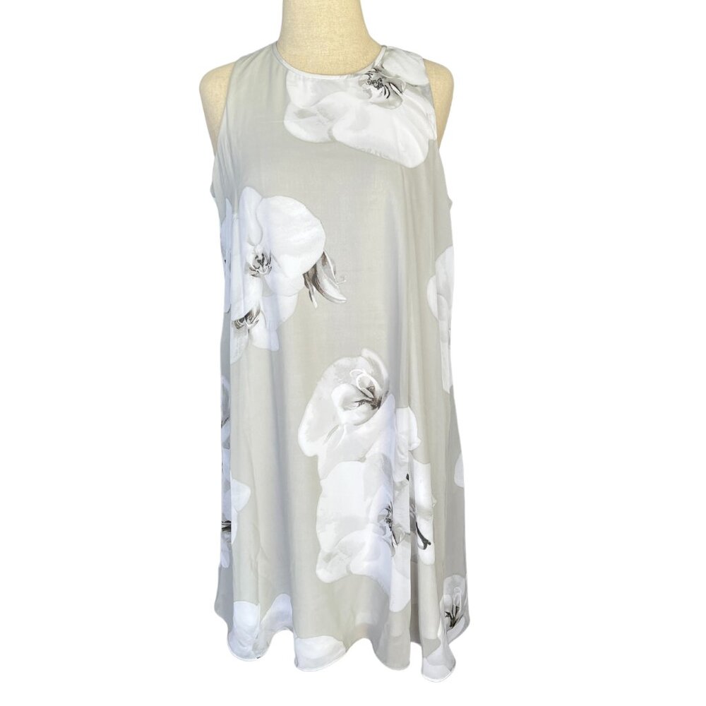 Ellen Tracy Shift Dress Womens 12 Grey Orchid Floral Sleeveless Cocktail Wedding